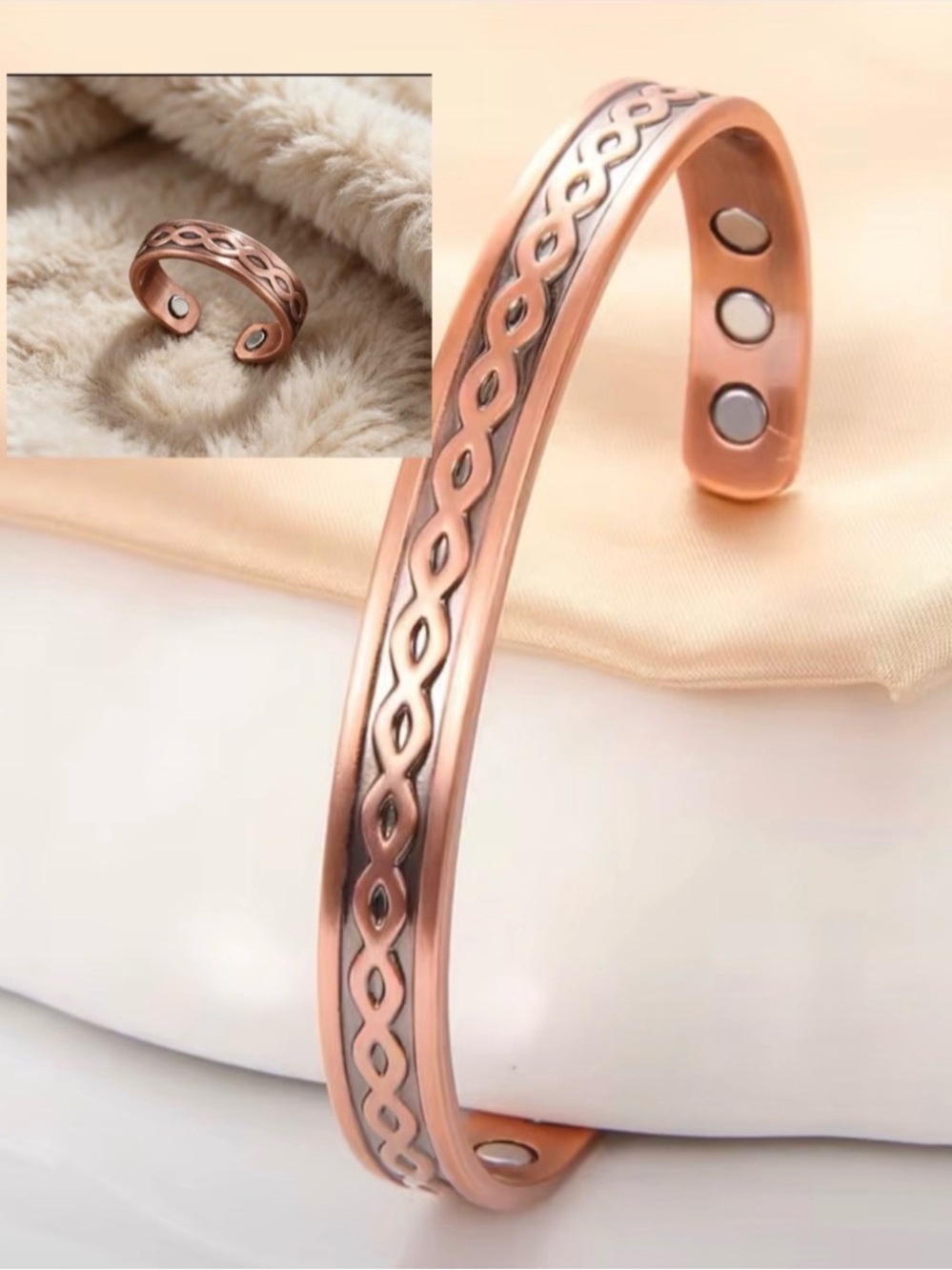 Set of Copper Magnetic Cuff Bracelet with matching Ring. Adjustable